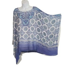 Style & Co Size XL Dolman Sleeve Sheer Lined Blue Beaded Floral Tunic Top